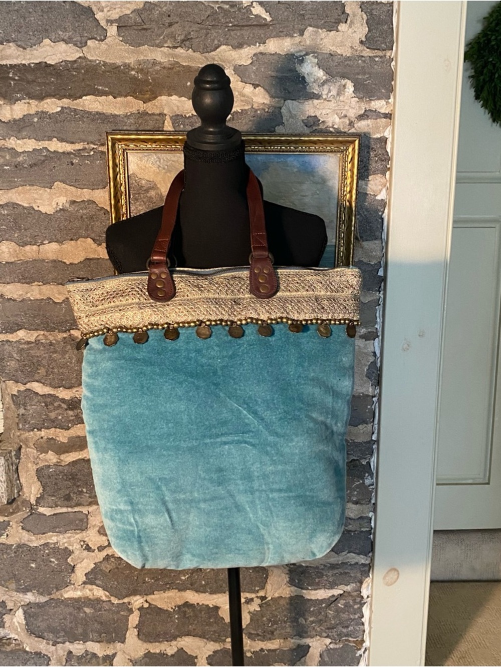 Blue Velvet Zip Top Tote Bag with Brown Leather Handles